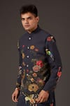 Balance by Rohit Bal_Black Linen Printed Floral Bundi  _Online_at_Aza_Fashions