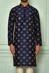 Aryavir Malhotra_Blue Dupion Art Silk Plain Floral Embroidered Kurta _at_Aza_Fashions