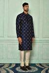 Aryavir Malhotra_Blue Dupion Art Silk Plain Floral Embroidered Kurta _Online_at_Aza_Fashions