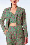 FUGA_Multi Color Twill Satin Print Retro Floral Lapel Collar Blazer Pant Set _Online_at_Aza_Fashions