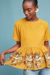 Bhanuni By Jyoti_Yellow Top Viscose Inner Rayon Top Round Inner Scoop Embroidered Peplum _Online_at_Aza_Fashions