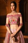 Buy Reynu Taandon Pink Net, Chanderi Silk Bardot Embroidered Off Shoulder Bridal Lehenga Set Online at Aza Fashions Buy_Reynu Taandon_Pink Net, Chanderi Silk Bardot Embroidered Off Shoulder Bridal Lehenga Set _Online_at_Aza_Fashions