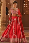 Buy_Reynu Taandon_Red Georgette, Chanderi Silk Sweetheart Neck Embroidered Bridal Lehenga Set _at_Aza_Fashions