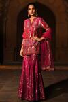 Reynu Taandon_Pink Net, Chanderi Silk Notched Kurta Set _Online_at_Aza_Fashions