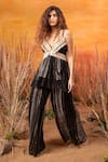 Buy_Label Reyya_Black Rayon Crepe Lurex With Sequence Printed Geometric V Neck Top And Pant Set _at_Aza_Fashions