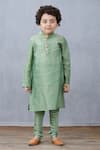 Torani_Green Chanderi Hand Block Print Sherwani Set  _Online_at_Aza_Fashions