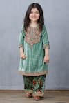 Torani_Green Velvet Embroidered Kurta And Pant Set For Girls_Online_at_Aza_Fashions