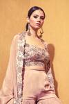 Sachkiran Bimbra_Peach Chiffon Embroidered Crop Top And Sharara Set_Online_at_Aza_Fashions