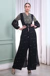 Buy_Seams Pret And Couture_Black Georgette Embroidered Mirror Work Mandarin Betty Kurta And Palazzo Set _at_Aza_Fashions