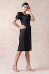 Thetaa_Black Polyester Solid Square Neck Puff Sleeve Midi Dress _Online_at_Aza_Fashions