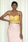 Shiori_Yellow Silk Organza Sweetheart Neck Crop Top _at_Aza_Fashions