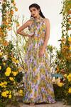 Shop_Baise Gaba_Purple Chiffon Printed Floral Motifs Halter Neck Zard Gown  _Online_at_Aza_Fashions