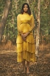 Shop Baise Gaba Yellow Chiffon, Lining Cotton Modal Geometric Asiatic Lily Layered Dress at Aza Fashions Shop_Baise Gaba_Yellow Chiffon, Lining Cotton Modal Geometric Asiatic Lily Layered Dress _at_Aza_Fashions