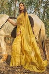 Baise Gaba_Yellow Saree Chiffon Embroidered Geometric Motifs Vesper Ruffle  _Online_at_Aza_Fashions