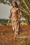 Buy_Baise Gaba_Grey Kurta Chanderi Printed Floral Motifs Round Balsam And Pant Set  _Online_at_Aza_Fashions