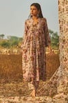 Buy_Baise Gaba_Grey Chanderi Printed Floral Motifs V Neck Siroi Lily Kurta  _at_Aza_Fashions