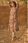 Buy_Baise Gaba_Grey Chanderi Printed Floral Motifs V Neck Siroi Lily Kurta  _Online_at_Aza_Fashions