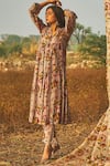 Shop_Baise Gaba_Grey Chanderi Printed Floral Motifs V Neck Siroi Lily Kurta  _Online_at_Aza_Fashions