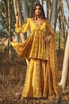 Buy_Baise Gaba_Yellow Natural Crepe Printed V Neck Oleander Kurta And Gharara Set _at_Aza_Fashions