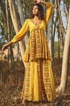 Baise Gaba_Yellow Natural Crepe Printed V Neck Oleander Kurta And Gharara Set _Online_at_Aza_Fashions