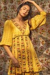 Buy_Baise Gaba_Yellow Natural Crepe Printed V Neck Oleander Kurta And Gharara Set _Online_at_Aza_Fashions