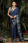 Buy_Baise Gaba_Blue Modal Satin Printed Floral Saree _at_Aza_Fashions