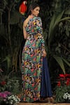 Shop_Baise Gaba_Blue Modal Satin Printed Floral One Shoulder Gown  _at_Aza_Fashions