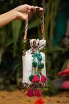 Buy_Baise Gaba_White Embroidery, Pom-poms Modal Satin Printed Potli Bag _at_Aza_Fashions