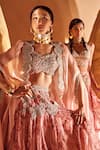 Buy_Bhumika Sharma_Pink Organza Sequins, Pearls Scoop Neck Printed And Embroidered Cape Lehenga Set 