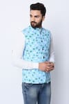 Spring Break_Blue 100% Cotton Printed Nehru Jacket _Online_at_Aza_Fashions