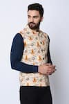 Spring Break_Beige 100% Cotton Printed Nehru Jacket _Online_at_Aza_Fashions