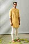 Shop_Agape_Yellow Linen Leheriya Print Kurta Set_at_Aza_Fashions
