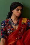 Buy_Medha_Blue Cotton Embroidery Geometric V Neck Blouse _Online_at_Aza_Fashions