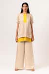 Buy_Neora By Nehal Chopra_Beige Sustainable Silk Round Color Block Panelled Top _at_Aza_Fashions