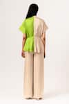 Shop_Neora By Nehal Chopra_Beige Sustainable Silk Band Collar Color Block Peplum _at_Aza_Fashions