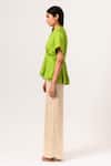 Buy_Neora By Nehal Chopra_Beige Sustainable Silk Band Collar Color Block Peplum _Online_at_Aza_Fashions