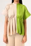 Neora By Nehal Chopra_Beige Sustainable Silk Band Collar Color Block Peplum _at_Aza_Fashions