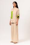 Buy_Neora By Nehal Chopra_Beige Sustainable Silk Band Collar Puff Sleeve Top _Online_at_Aza_Fashions