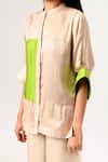 Neora By Nehal Chopra_Beige Sustainable Silk Band Collar Puff Sleeve Top _at_Aza_Fashions