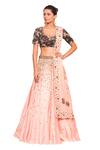 Buy_Salt And Spring_Pink Net, Chanderi, Rayon Sequins Scoop Neck Leaf Embroidered Lehenga Set _at_Aza_Fashions