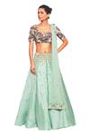 Buy_Salt And Spring_Green Net, Chanderi, Rayon Sequins Scoop Neck Leaf Embroidered Lehenga Set _at_Aza_Fashions