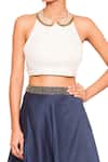 Buy_Salt And Spring_Blue Quilted Jacquard Embroidered Peter Pan Collar Blouse And Skirt Set _Online_at_Aza_Fashions
