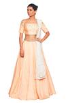 Buy_Salt And Spring_Peach Net, Chanderi Leaf Motifs One Shoulder Lehenga Set With Off Blouse _at_Aza_Fashions