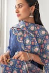 Negra Elegante_Blue Cotton Silk Hand Embroidered Mirror Work Peony Printed Kurta Set  _at_Aza_Fashions