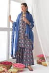 Buy_Negra Elegante_Blue Cotton Silk Hand Embroidered Peony Printed Kurta Sharara Set  _at_Aza_Fashions