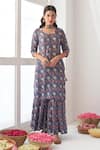 Negra Elegante_Blue Cotton Silk Hand Embroidered Peony Printed Kurta Sharara Set  _Online_at_Aza_Fashions