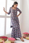 Buy_Negra Elegante_Blue Cotton Silk Hand Embroidered Peony Printed Kurta Sharara Set  _Online_at_Aza_Fashions