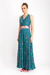 Buy_Prevasu_Blue Georgette, Belt Silk Logo, Sequin And Mirror Work Halter V Print Jumpsuit _at_Aza_Fashions