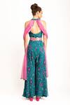 Shop_Prevasu_Blue Georgette, Belt Silk Logo, Sequin And Mirror Work Halter V Print Jumpsuit _at_Aza_Fashions
