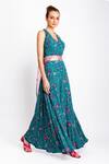 Prevasu_Blue Georgette, Belt Silk Logo, Sequin And Mirror Work Halter V Print Jumpsuit _Online_at_Aza_Fashions